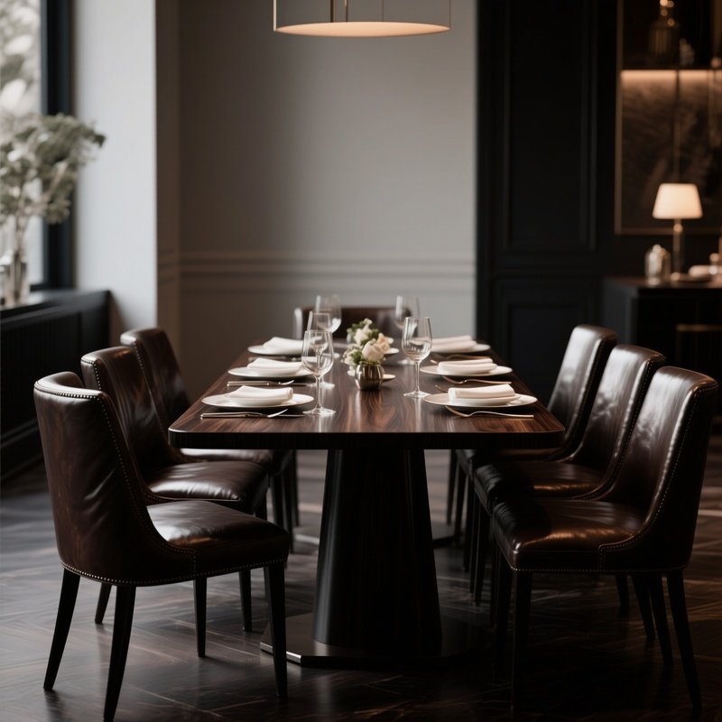 An Upscale Dining Space With A Dark Stained Wood Table, Leather Dining Chairs, And Subtle Tableware Arranged For A Formal Dinner