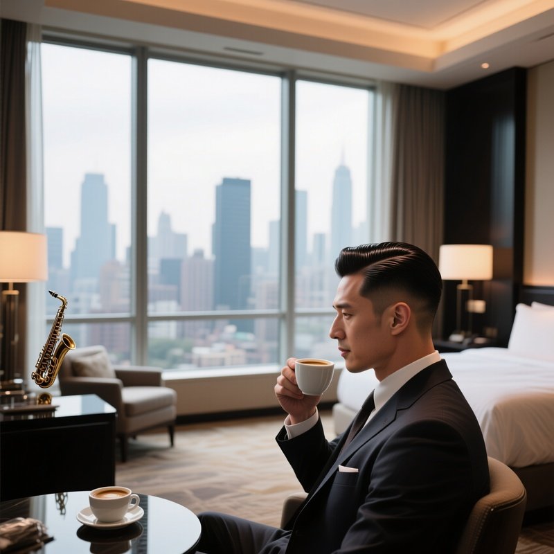 An Upscale Hotel Suite With Floor‑To‑Ceiling Windows Overlooking The City; A Businessman Gets A
