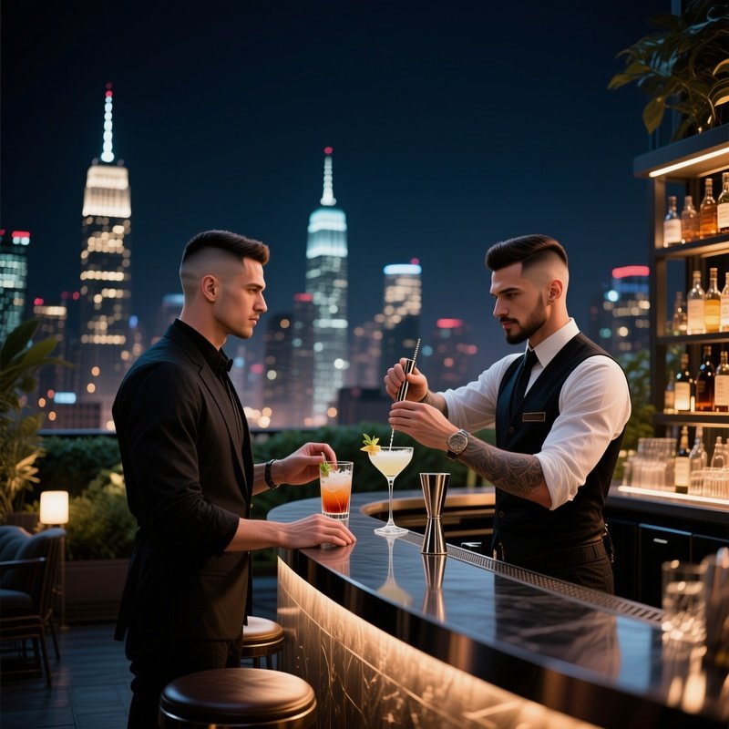 An Upscale Rooftop Garden Bar At Night, City Skyline Glittering; A Bartender Receives A Sleek