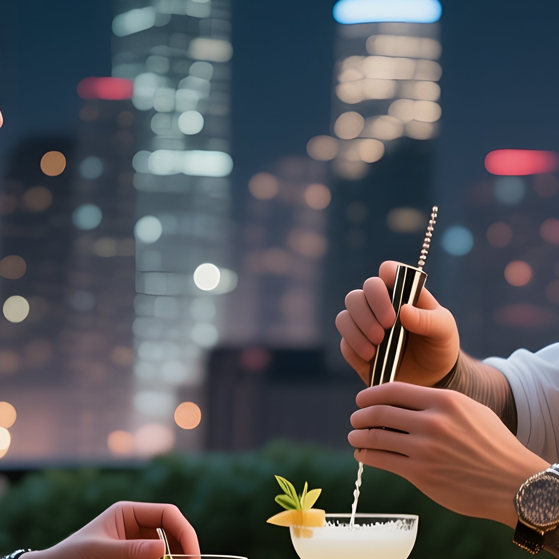 An Upscale Rooftop Garden Bar At Night, City Skyline Glittering; A Bartender Receives A Sleek - Full Resolution Quality Preview