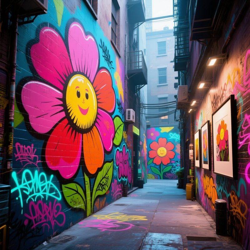 An Urban Alleyway Transformed Into An Art Gallery, Walls Covered With Massive Pop‑Art Flower Murals