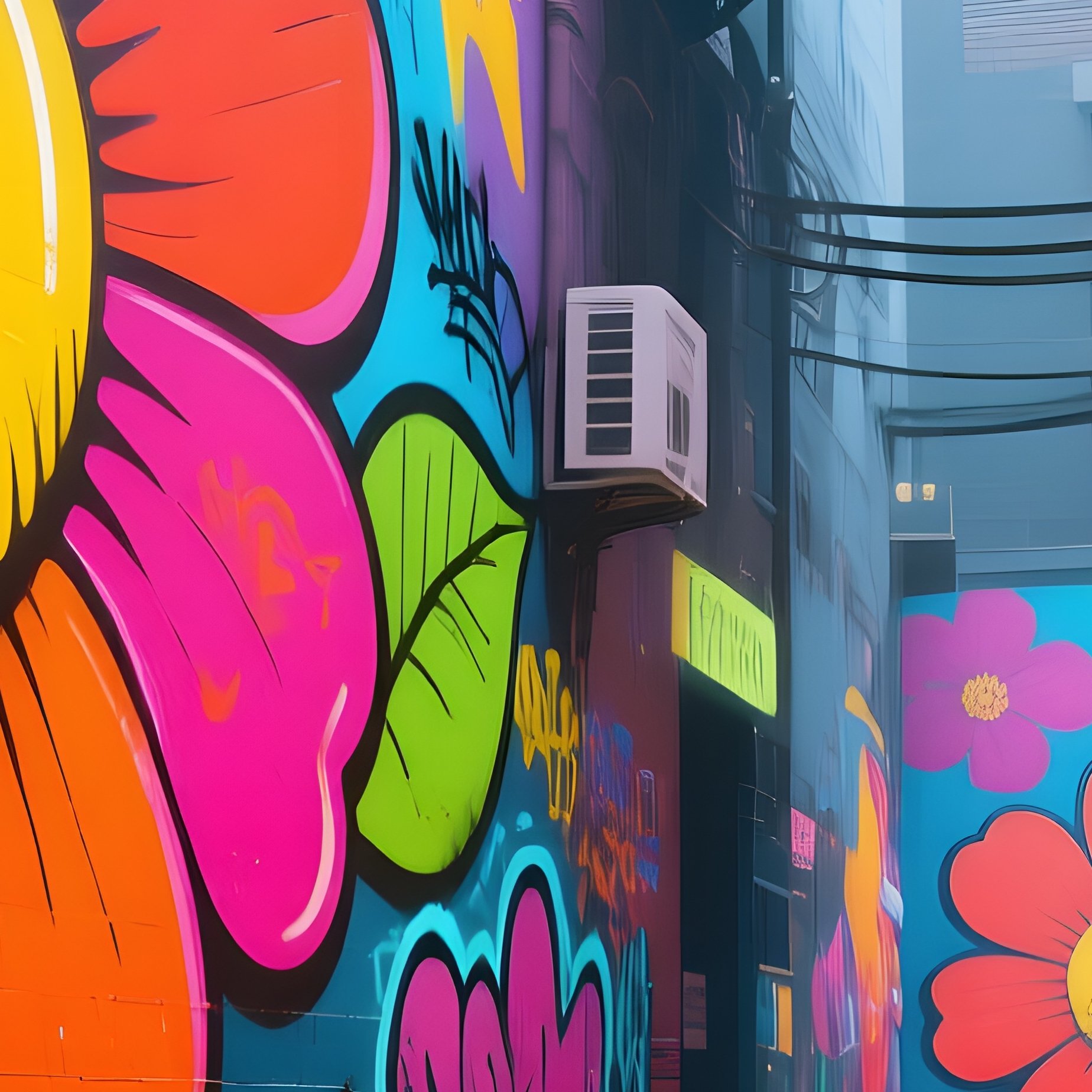An Urban Alleyway Transformed Into An Art Gallery, Walls Covered With Massive Pop‑Art Flower Murals - Full Resolution Quality Preview