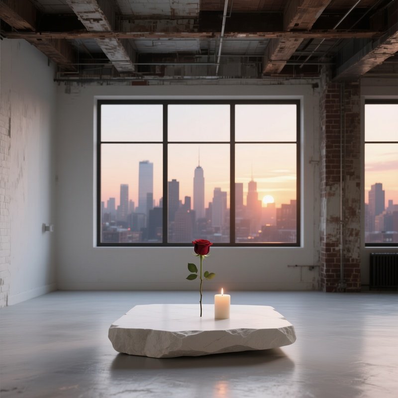 An Urban Loft Altar With Exposed Beams, Large Window Framing City Skyline At Sunset, A Minimalist