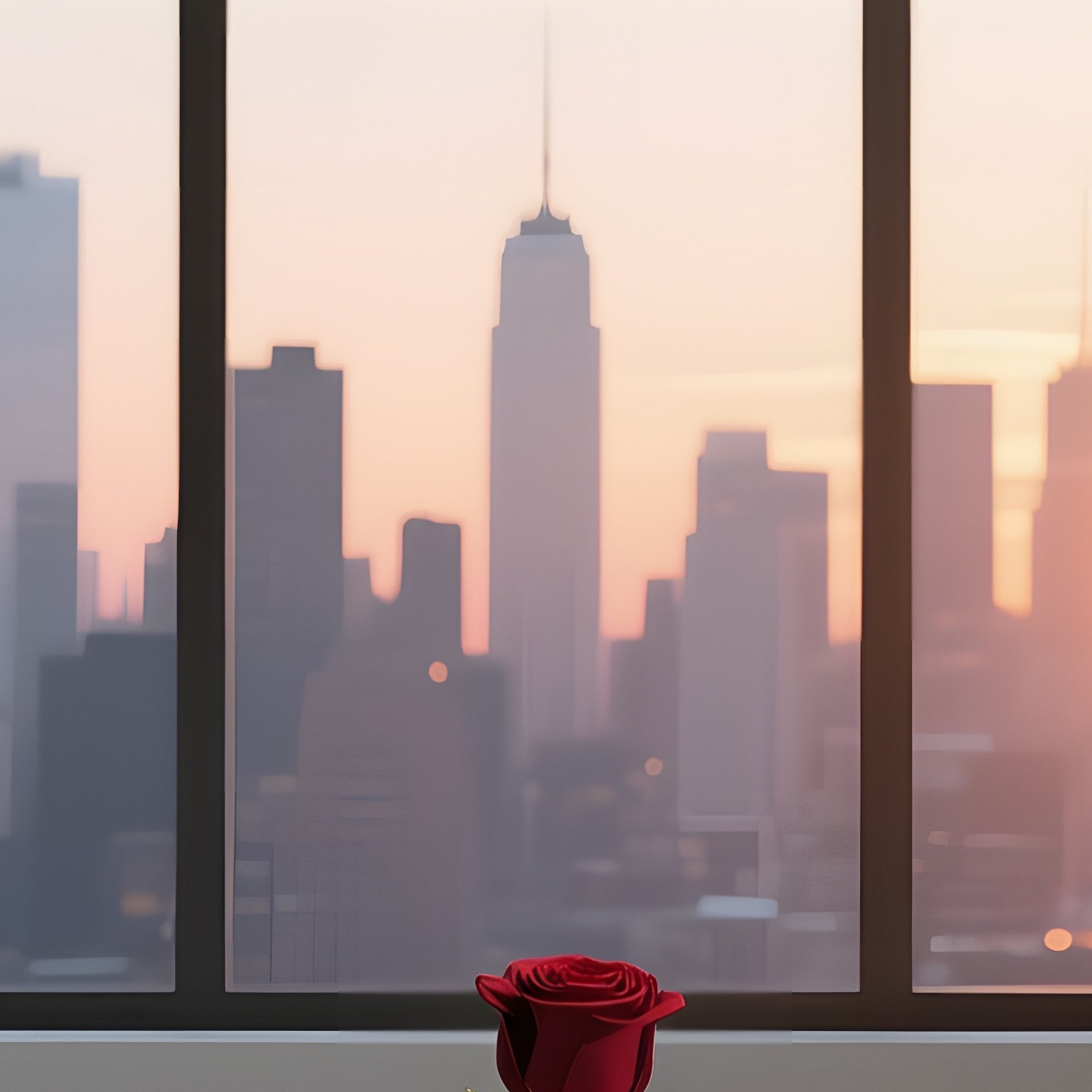 An Urban Loft Altar With Exposed Beams, Large Window Framing City Skyline At Sunset, A Minimalist - Full Resolution Quality Preview