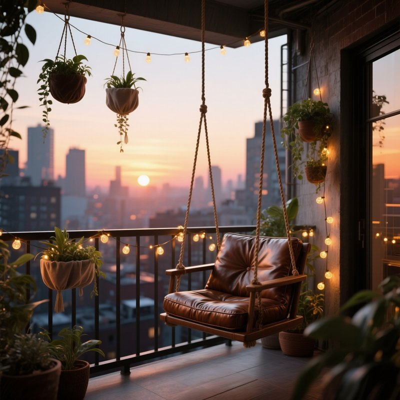 An Urban Loft Balcony At Sunset, A Leather Swing Hanging From The Railing, Surrounded By Hanging