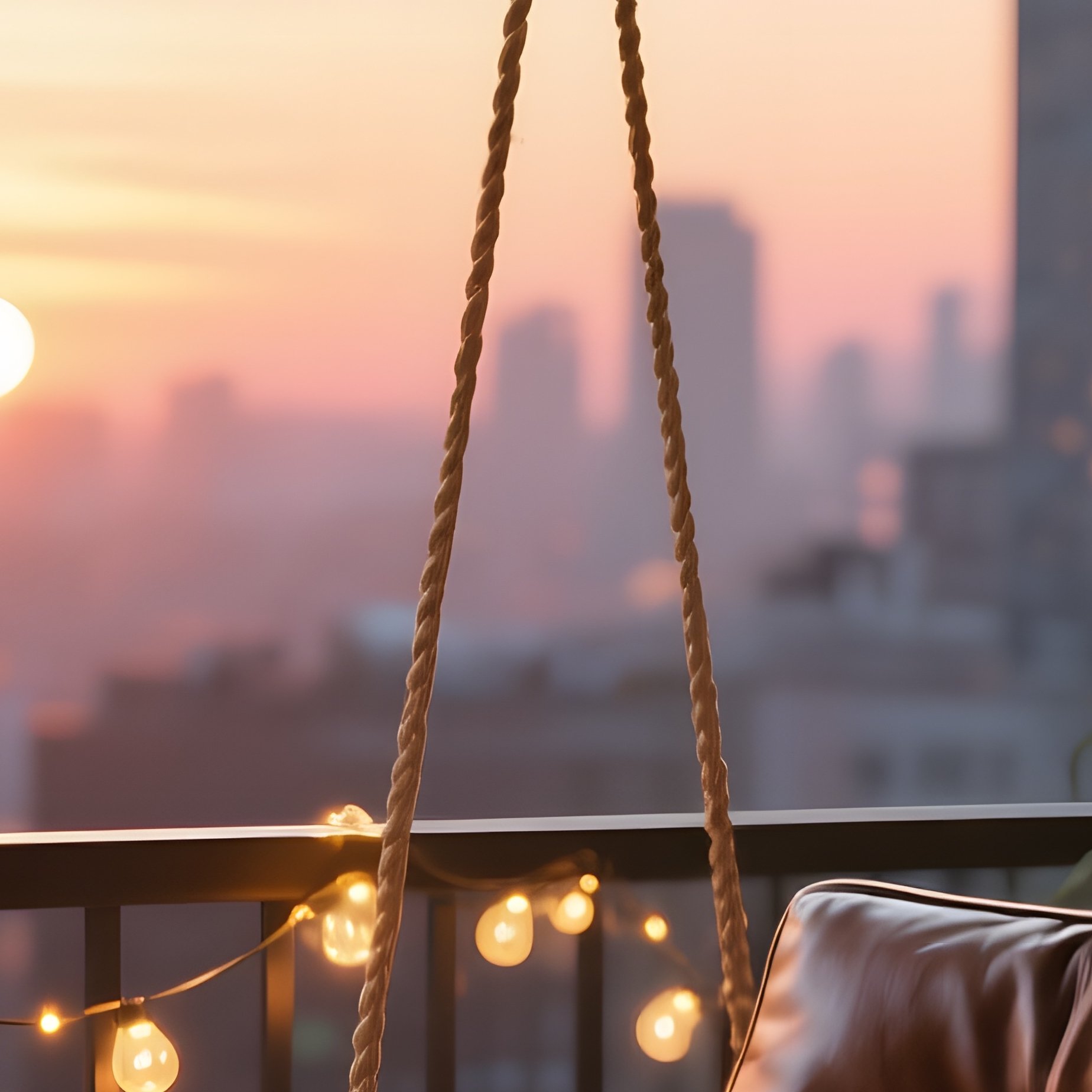 An Urban Loft Balcony At Sunset, A Leather Swing Hanging From The Railing, Surrounded By Hanging - Full Resolution Quality Preview