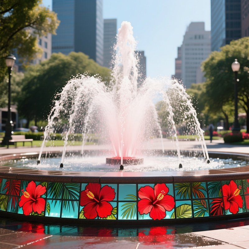 An Urban Park Fountain At Noon, Water Jets Illuminated By Submerged Glass Tiles Depicting Tropical