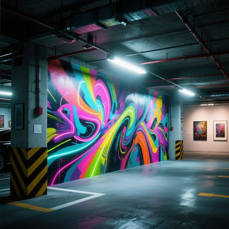 An Urban Parking Garage Repurposed For An Art Exhibit, Walls Covered In Large Scale Abstract Murals
