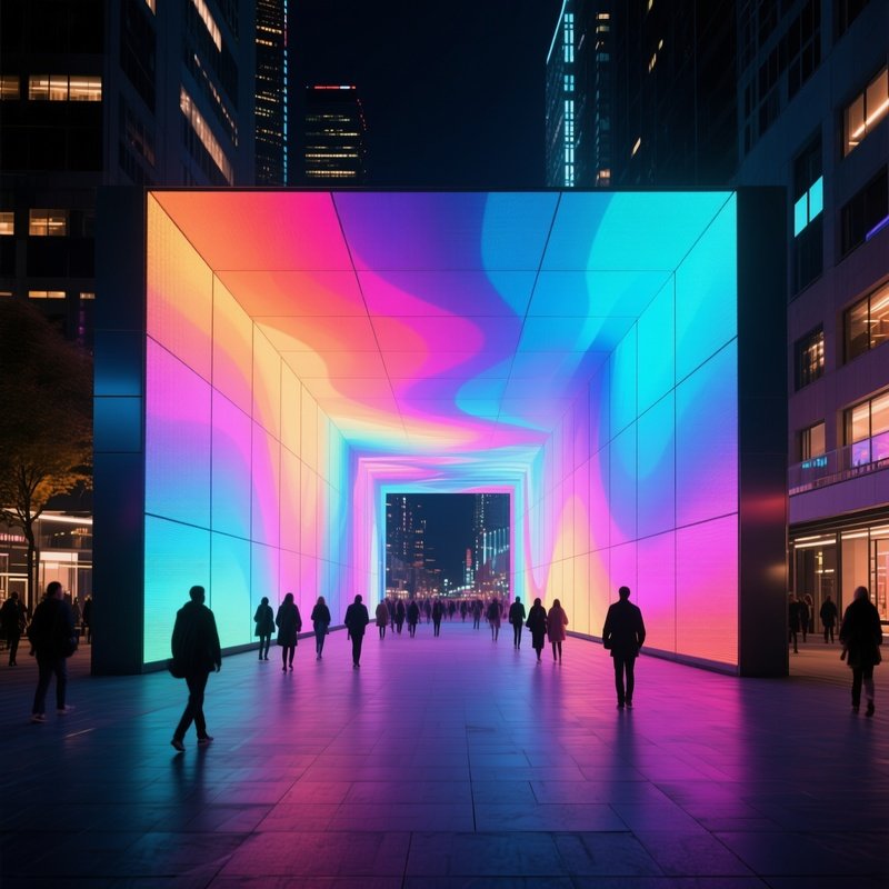 An Urban Plaza At Night Transformed Into An Immersive Light Tunnel, With Walls Of Led Panels
