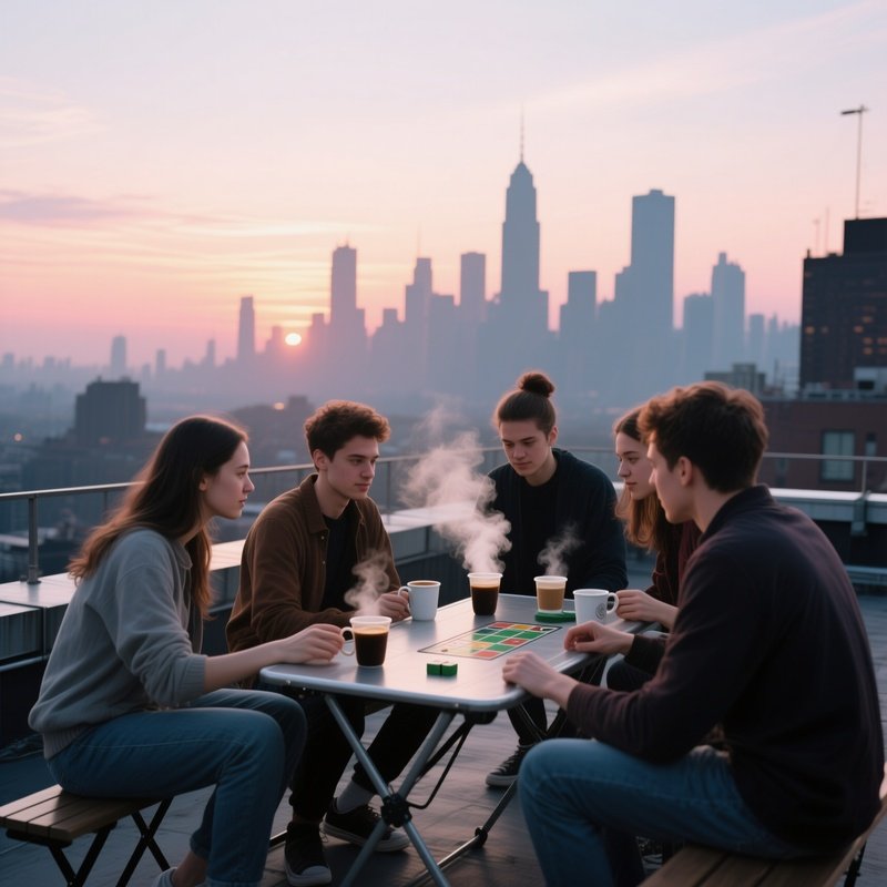 An Urban Rooftop At Sunrise, City Skyline Silhouetted Against Pastel Skies As A Group Of Friends