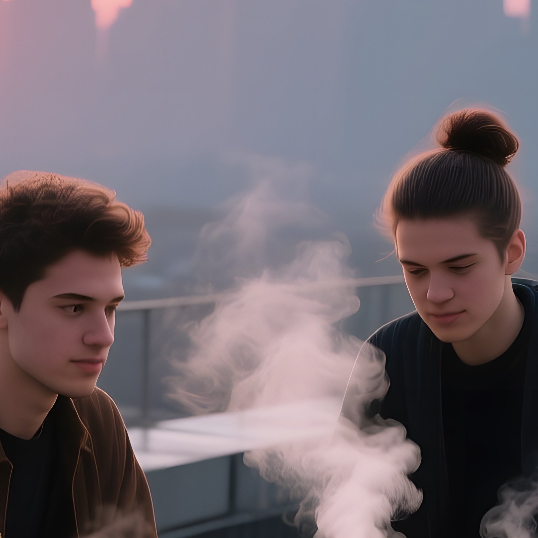 An Urban Rooftop At Sunrise, City Skyline Silhouetted Against Pastel Skies As A Group Of Friends - Full Resolution Quality Preview