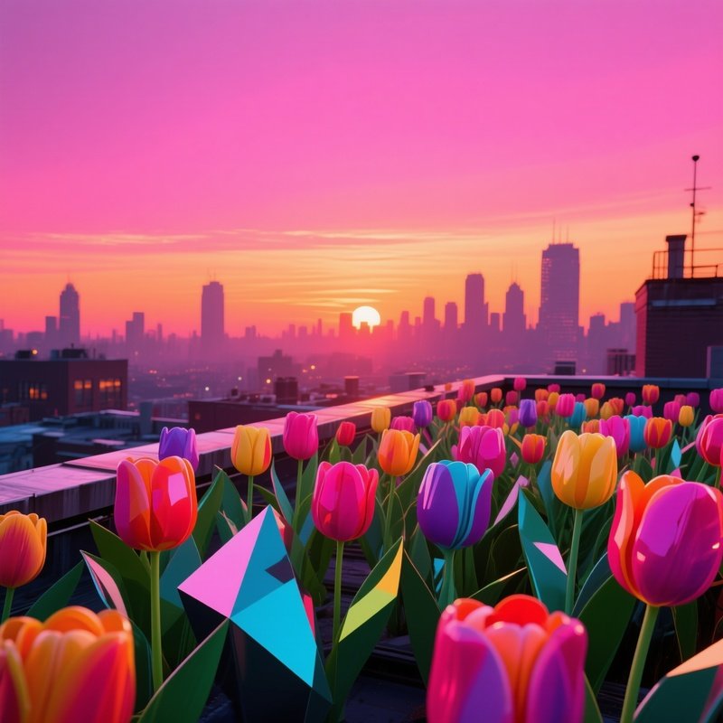 An Urban Rooftop At Sunset Filled With Pop‑Art Tulips In Primary Colors, Their Leaves Rendered As