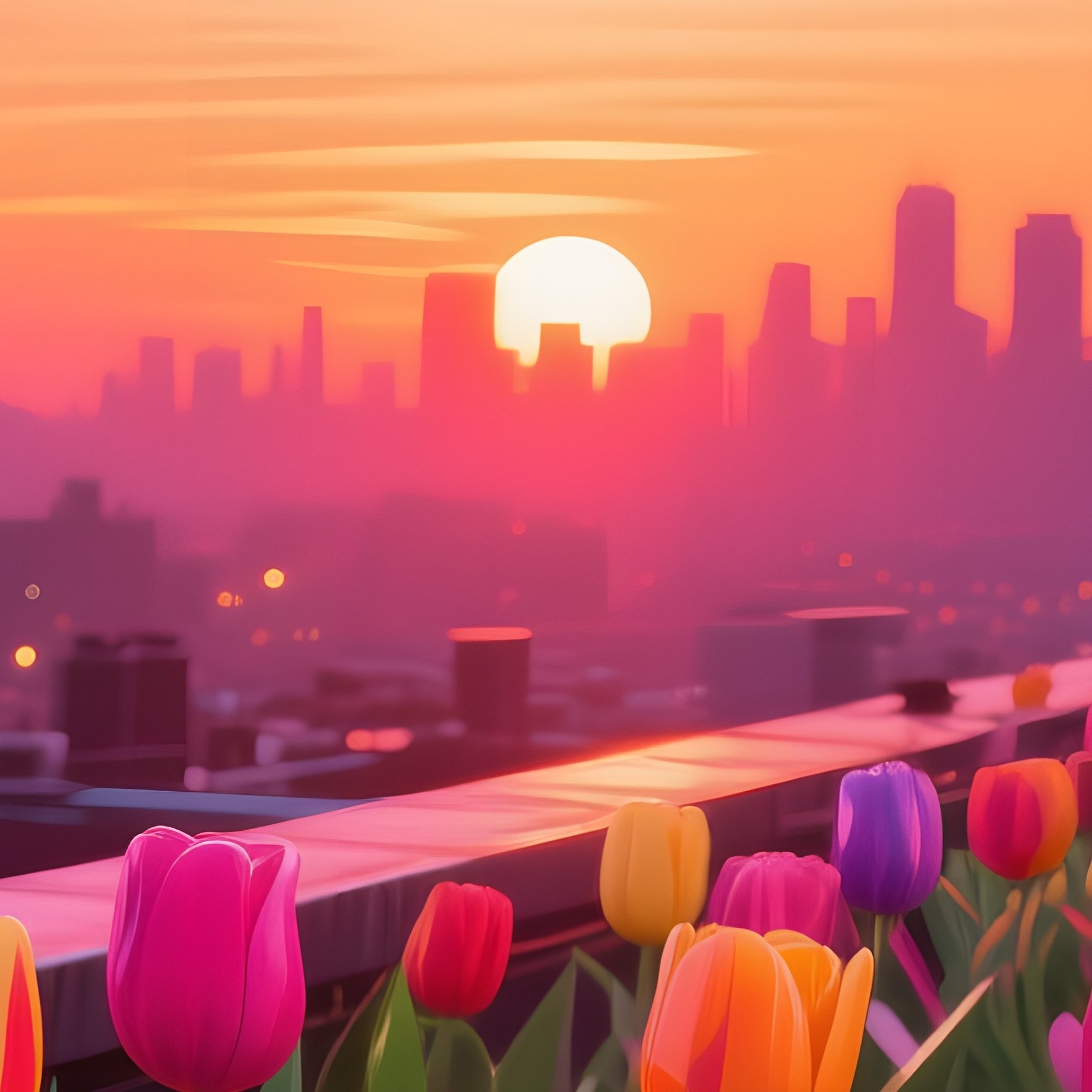 An Urban Rooftop At Sunset Filled With Pop‑Art Tulips In Primary Colors, Their Leaves Rendered As - Full Resolution Quality Preview