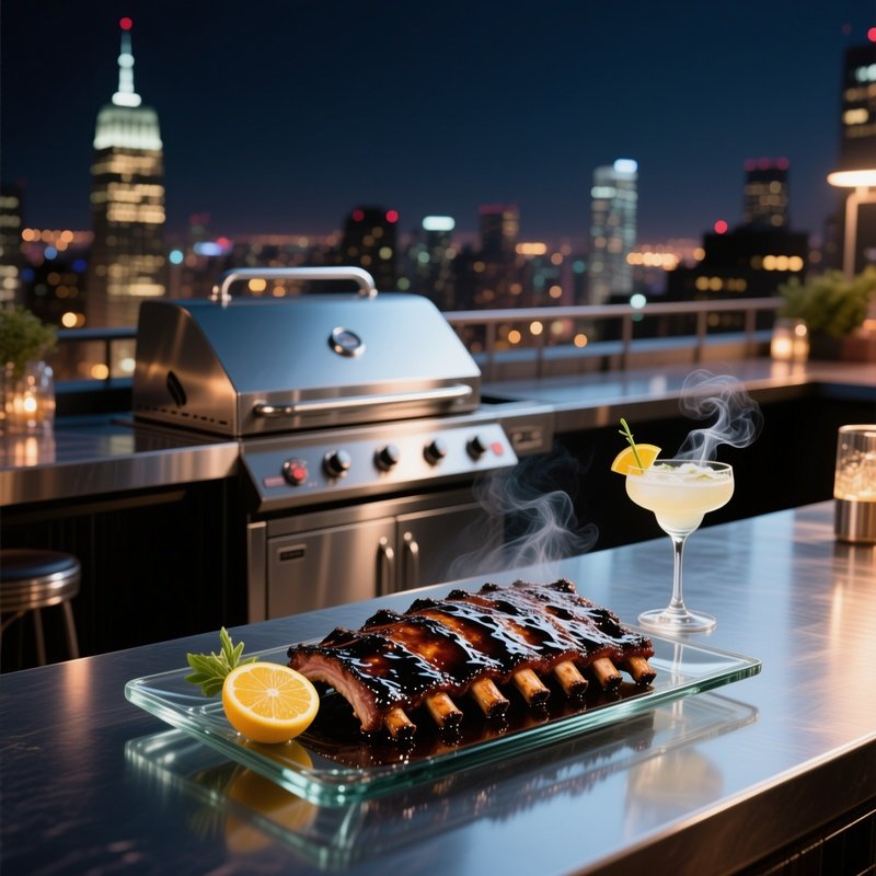 An Urban Rooftop Bar At Night, City Lights Twinkling Below, A Sleek Stainless‑Steel Grill Humming