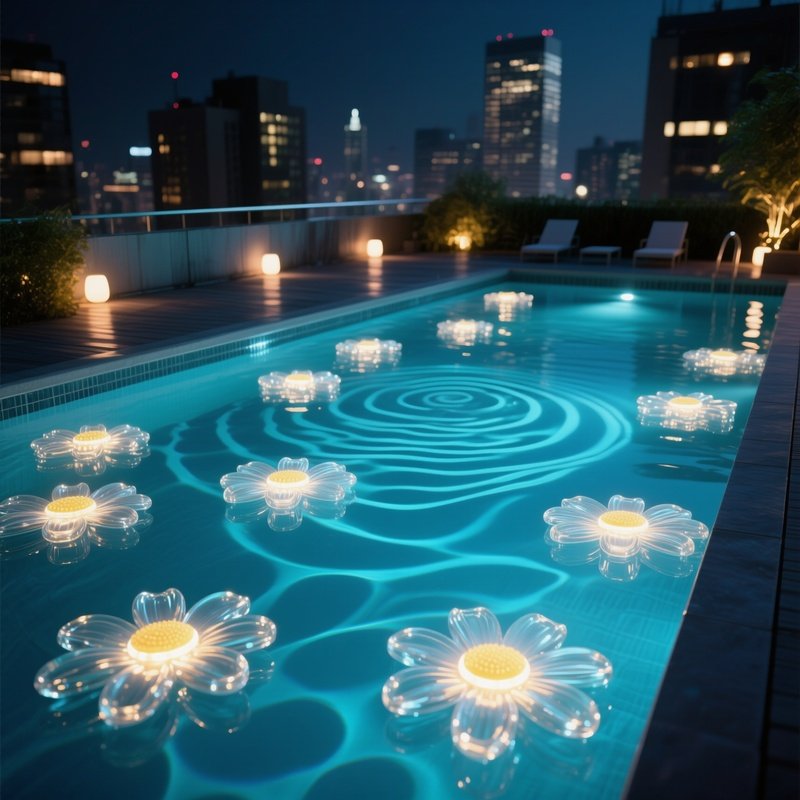 An Urban Rooftop Pool At Night, Floating Led Lights Shaped Like Glass Daisies That Create Rippling