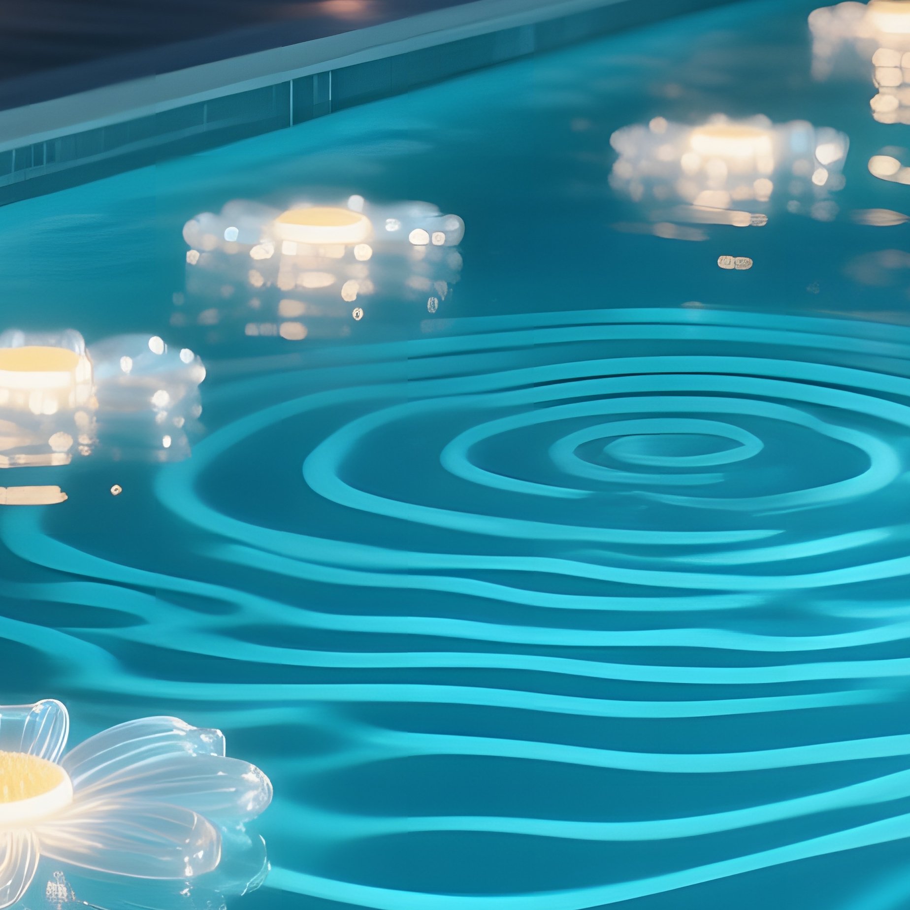 An Urban Rooftop Pool At Night, Floating Led Lights Shaped Like Glass Daisies That Create Rippling - Full Resolution Quality Preview