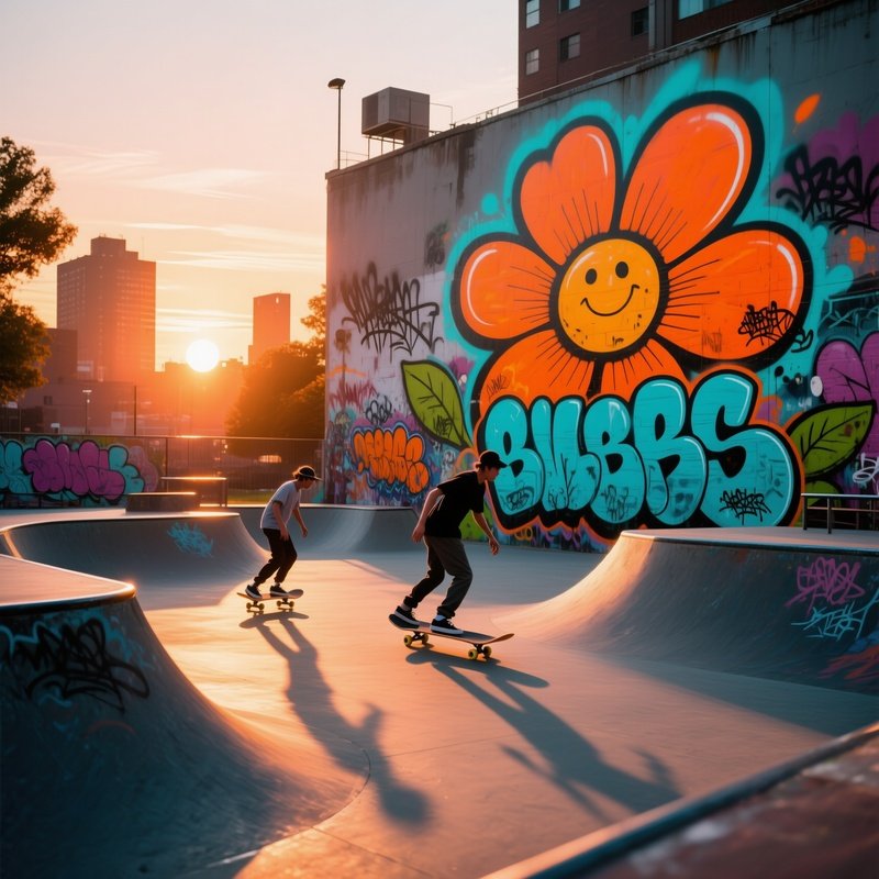 An Urban Skate Park At Sunset, Graffiti Walls Feature Massive Pop‑Art Flower Tags In Electric