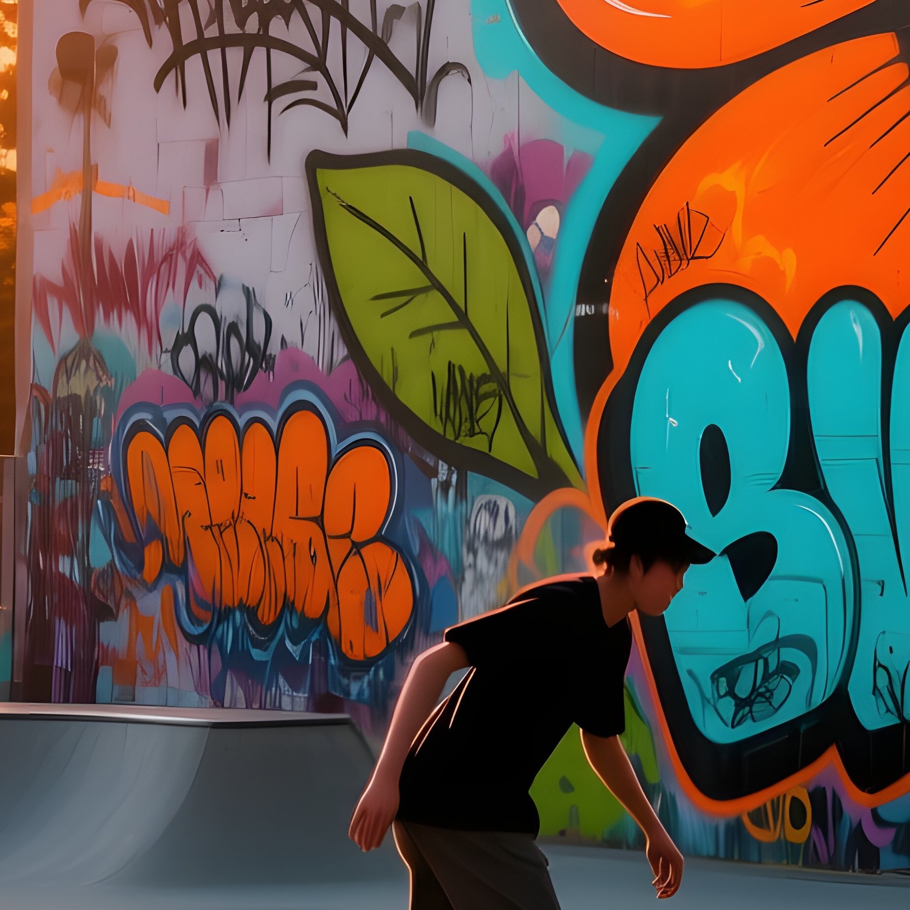 An Urban Skate Park At Sunset, Graffiti Walls Feature Massive Pop‑Art Flower Tags In Electric - Full Resolution Quality Preview