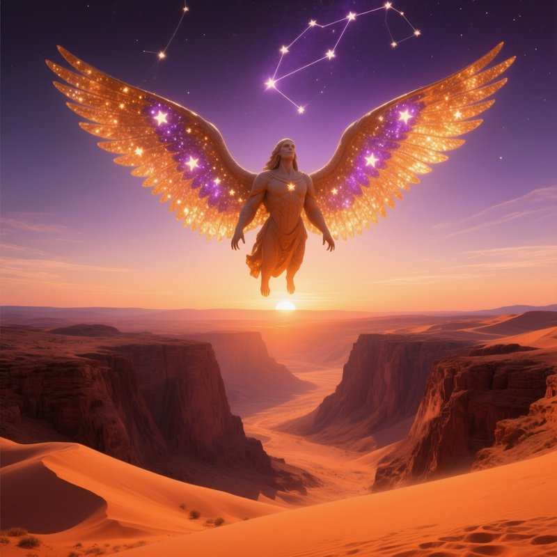 Ancient Celestial Being With Star Filled Wings Hovering Desert Canyon Sunset