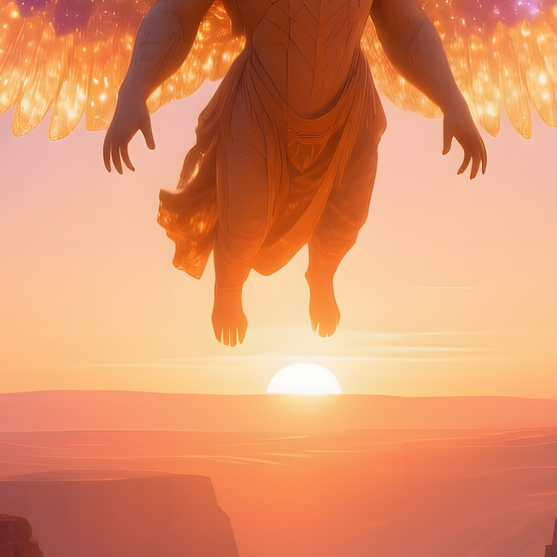 Ancient Celestial Being With Star Filled Wings Hovering Desert Canyon Sunset - Full Resolution Quality Preview