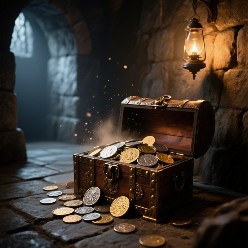 Ancient Coins In A Treasure Chest