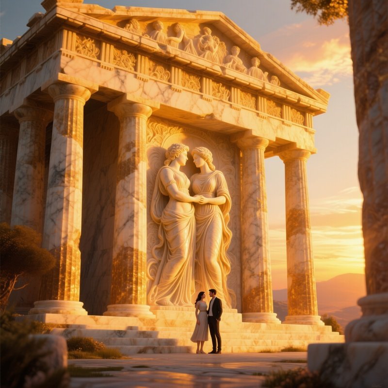 Ancient Greek Marble Temple Golden Hour Lovers Carved Come To Life