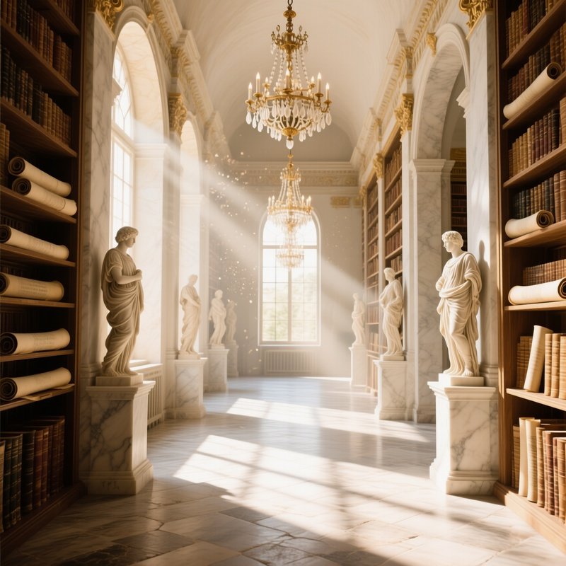 Ancient Library Hall Scrolls Statues Chandeliers Sunlight