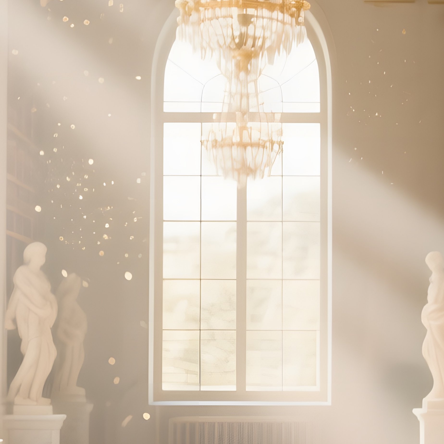 Ancient Library Hall Scrolls Statues Chandeliers Sunlight - Full Resolution Quality Preview