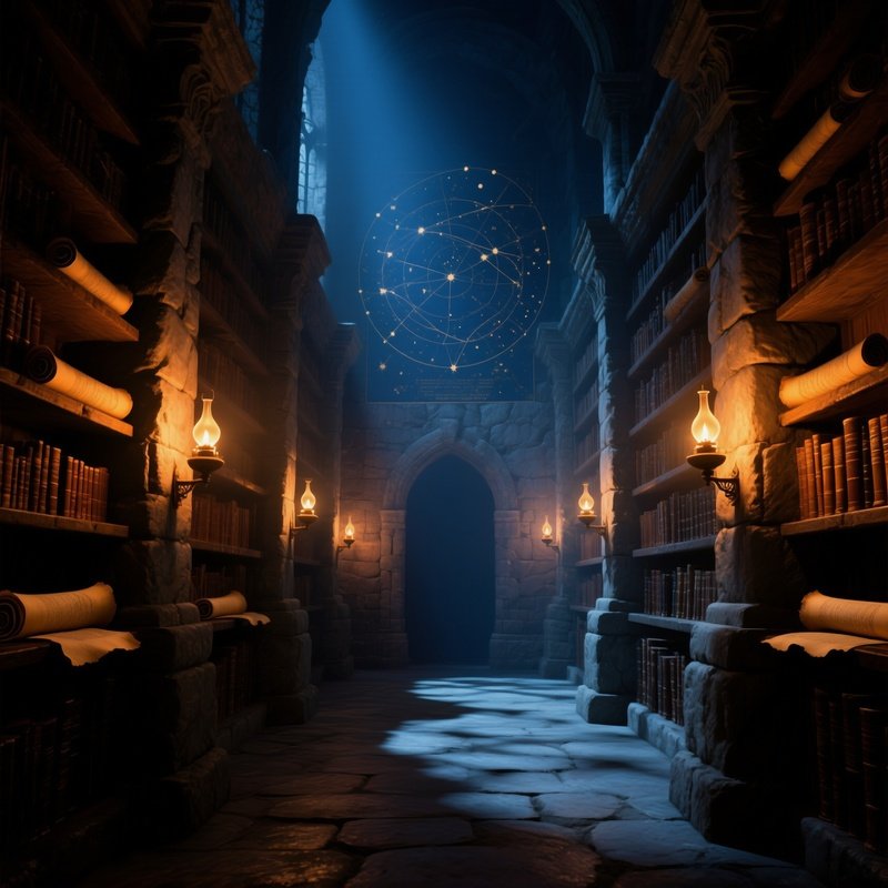 Ancient Library Night Oil Lamps Scrolls Celestial Maps