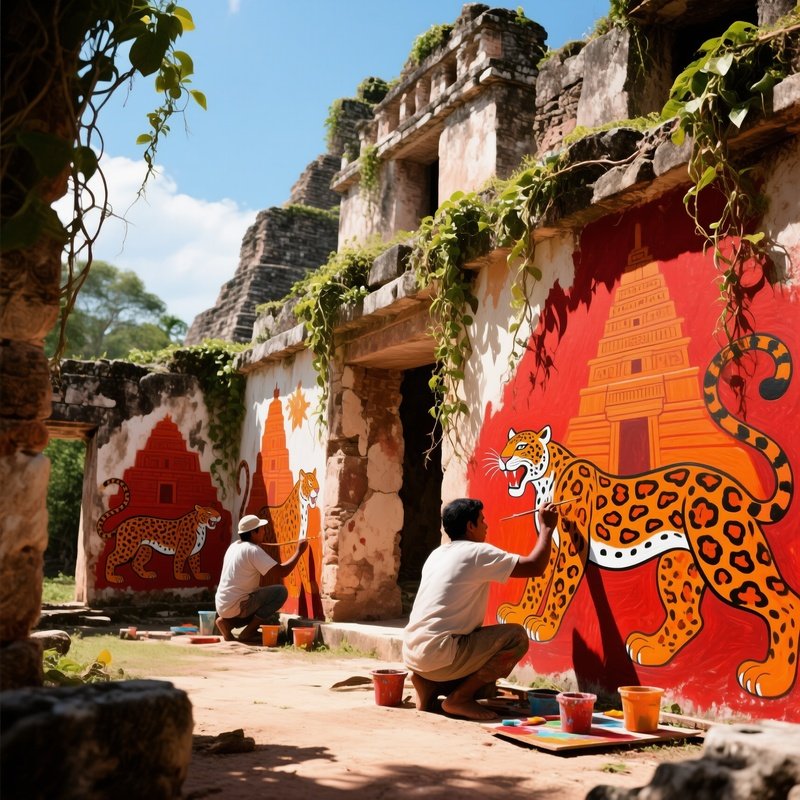 Ancient Mayan Ruin Midday Vines Frescoes