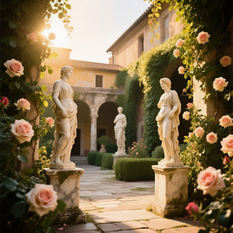 Ancient Roman Courtyard Garden Marble Statues Roses Ivy Golden Hour