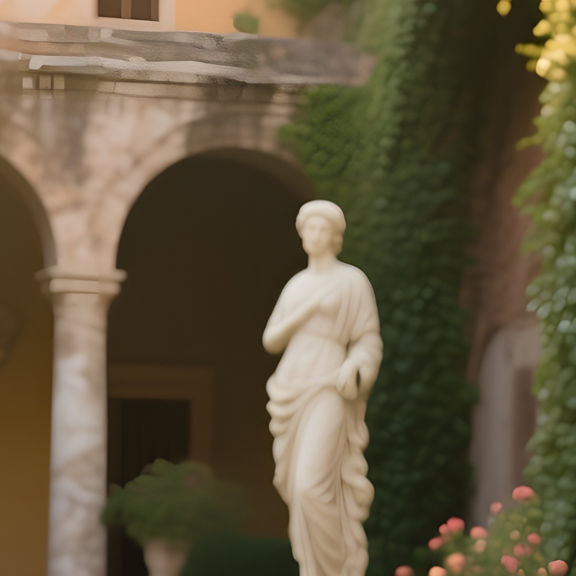 Ancient Roman Courtyard Garden Marble Statues Roses Ivy Golden Hour - Full Resolution Quality Preview