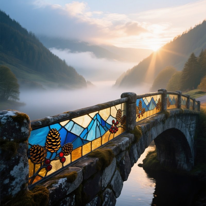 Ancient Stone Bridge Misty Valley Stained Glass Railings Sunrise