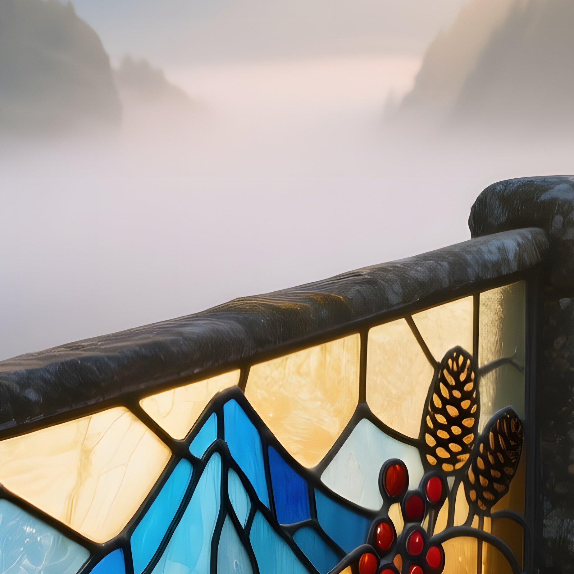 Ancient Stone Bridge Misty Valley Stained Glass Railings Sunrise - Full Resolution Quality Preview