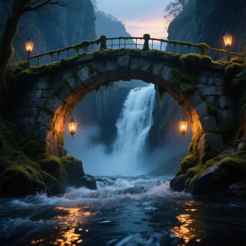 Ancient Stone Bridge Over Roaring Waterfall