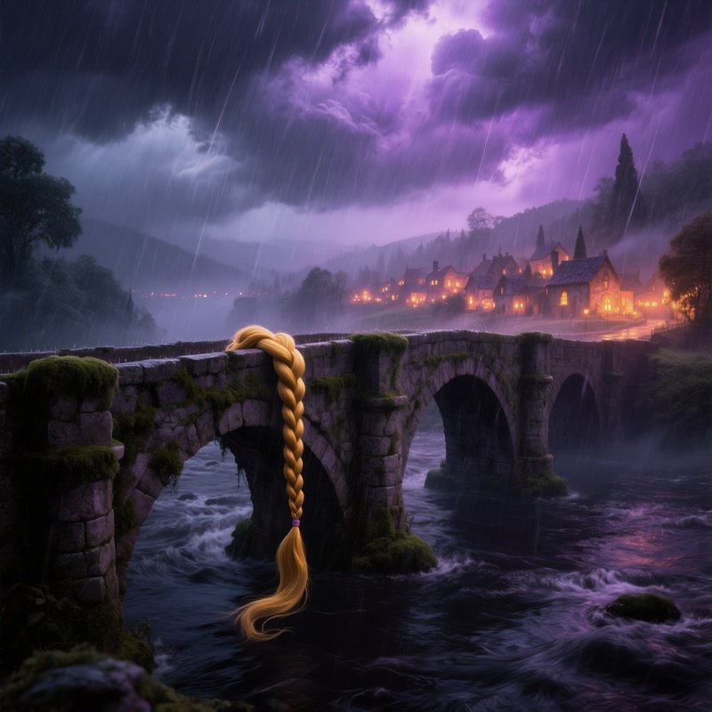 Ancient Stone Bridge Rapunzel Braid Stormy Sky