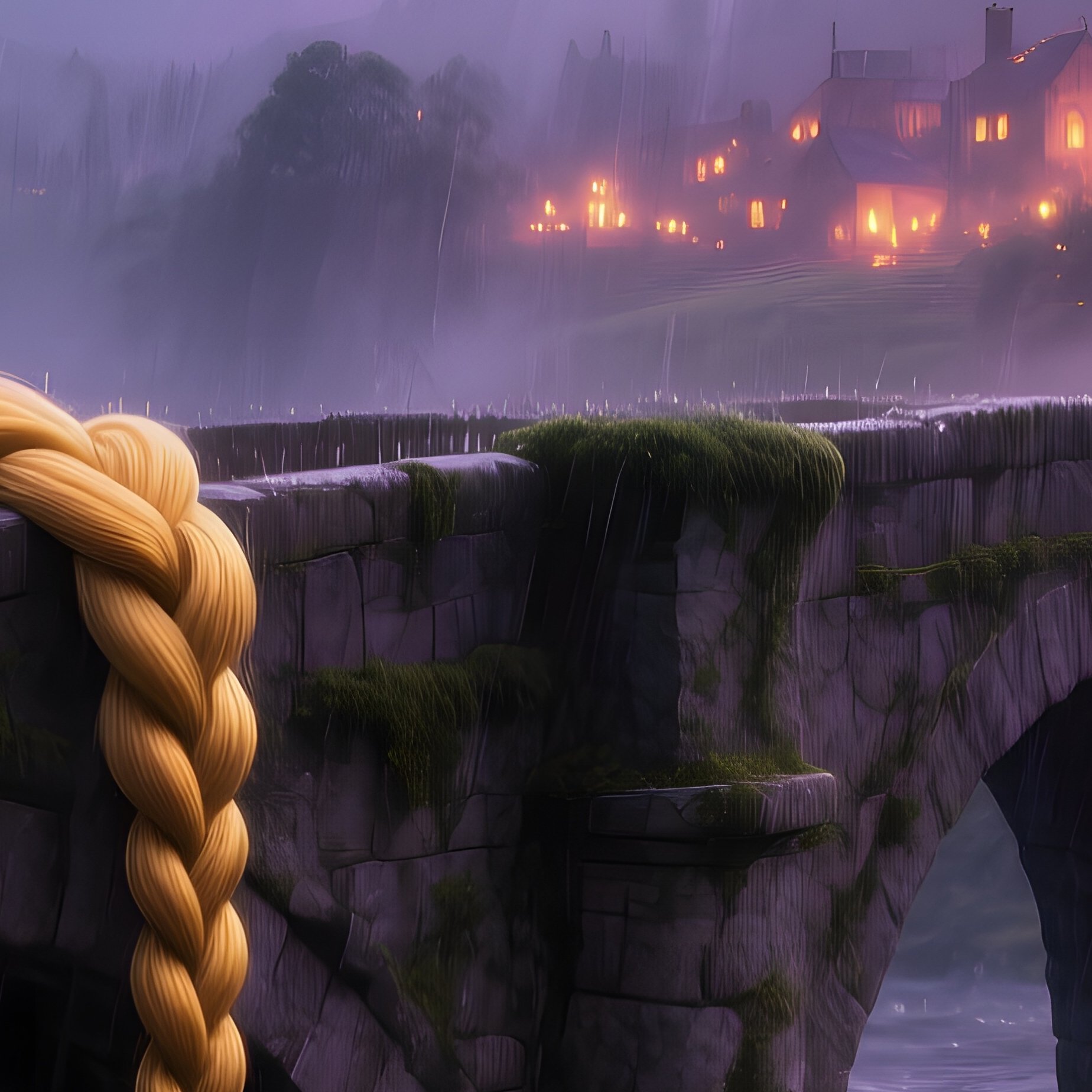 Ancient Stone Bridge Rapunzel Braid Stormy Sky - Full Resolution Quality Preview