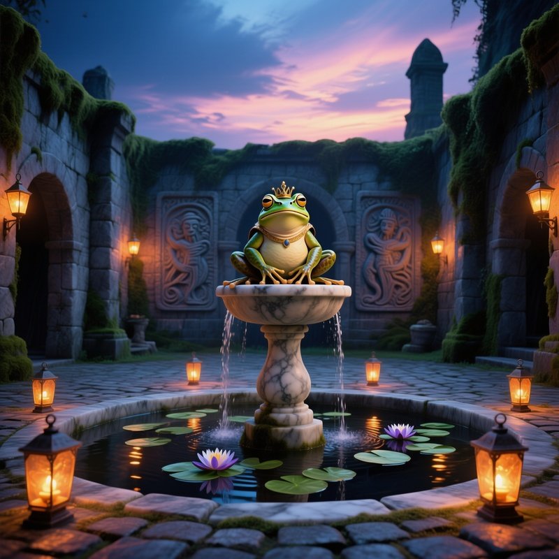 Ancient Stone Courtyard At Dusk Frog Prince On Marble Pedestal