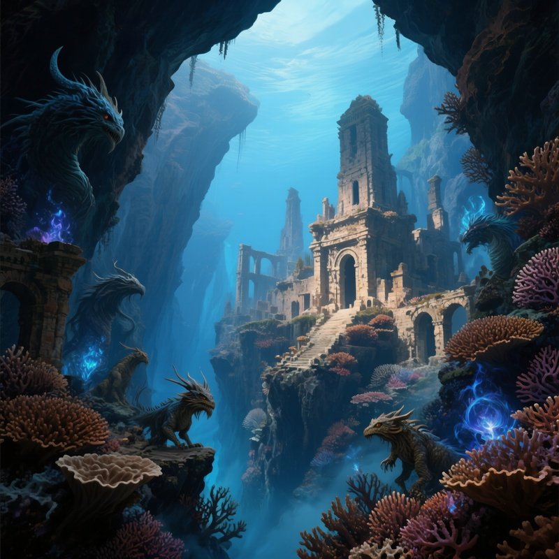 Ancient Underwater Ruins In Coral Canyon Fantasy Art