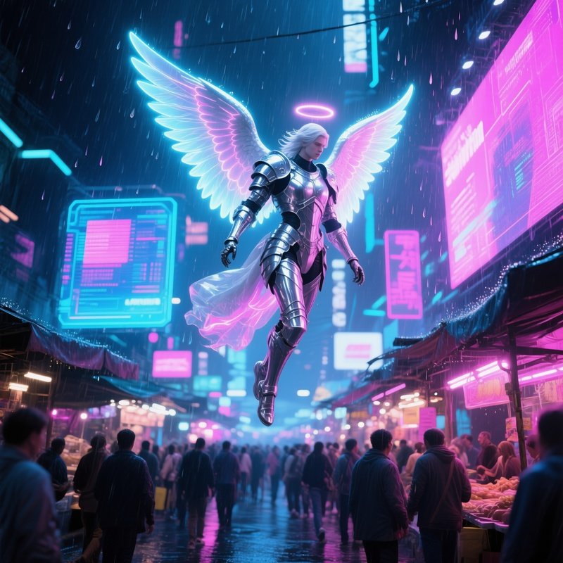 Angelic Figure In Cyberpunk Market