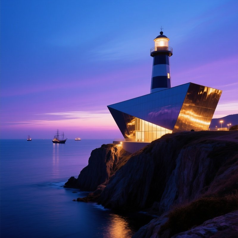 Angular Steel Museum On Cliff At Twilight