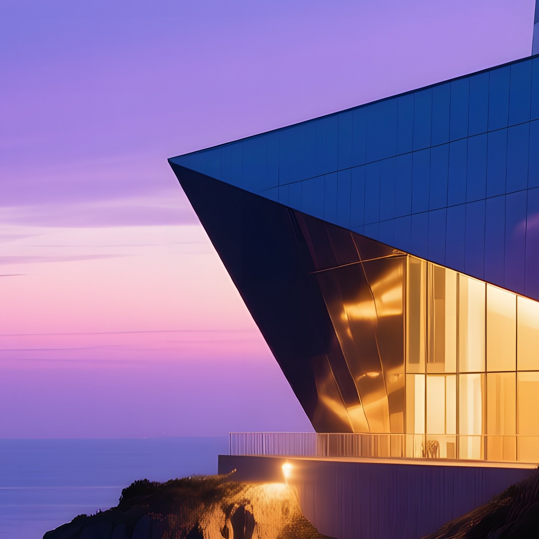 Angular Steel Museum On Cliff At Twilight - Full Resolution Quality Preview