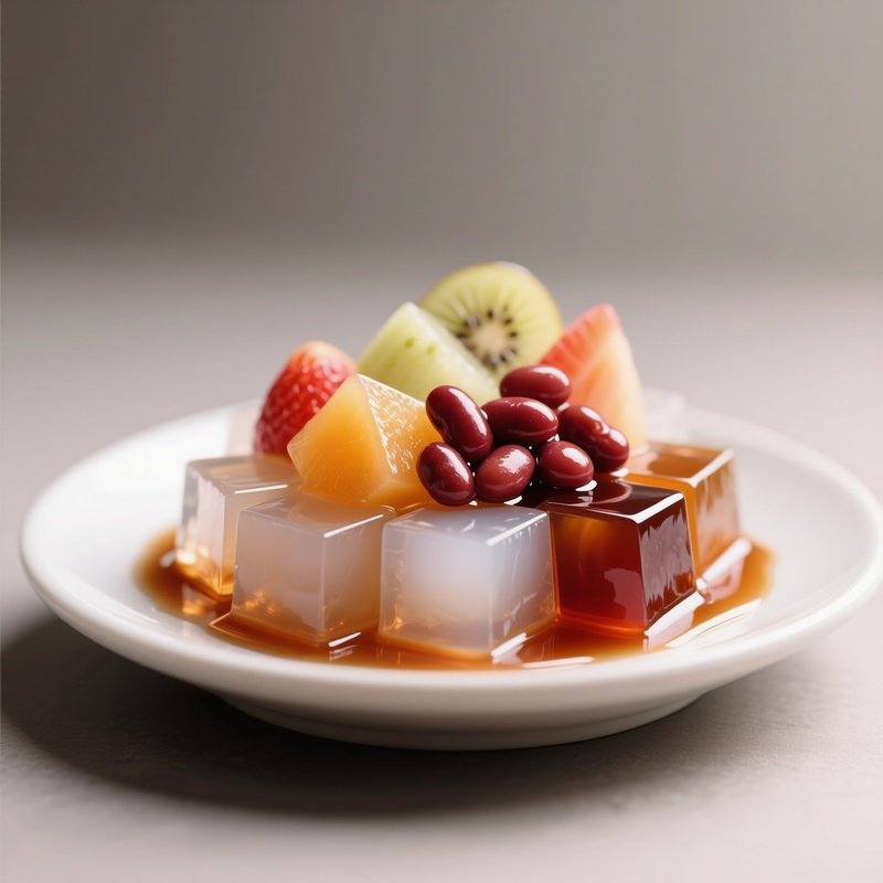 Anmitsu Dessert With Agar Jelly Cubes, Fruit, Red Beans, And Syrup