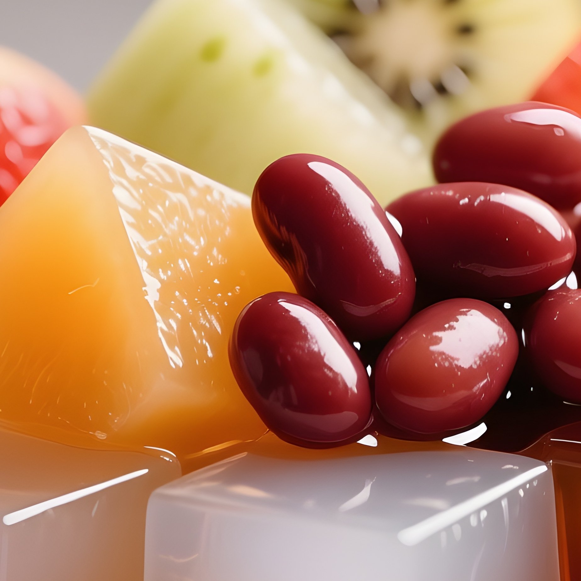 Anmitsu Dessert With Agar Jelly Cubes, Fruit, Red Beans, And Syrup - Full Resolution Quality Preview
