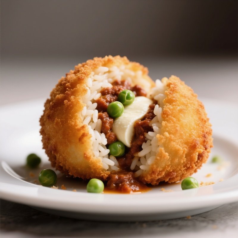 Arancini Di Riso Stuffed Rice Balls Filled With Ragù, Mozzarella, Peas, Breaded And Deep Fried