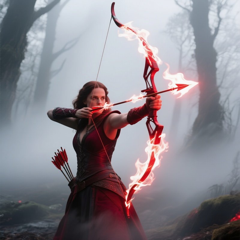Archer Violet Arc Shooting Flaming Arrows Through Fog