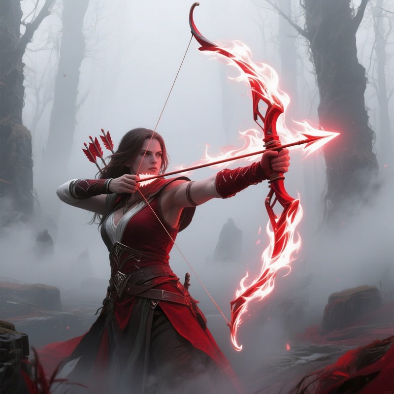 Archer Violet Arc Shooting Flaming Arrows Through Fog