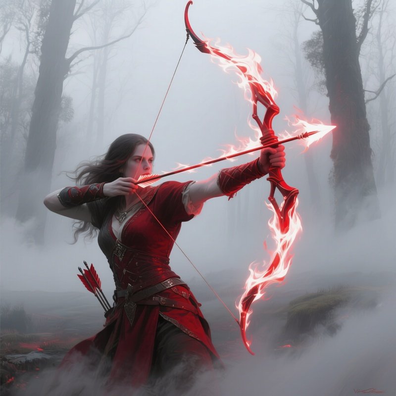 Archer Violet Arc Shooting Flaming Arrows Through Fog