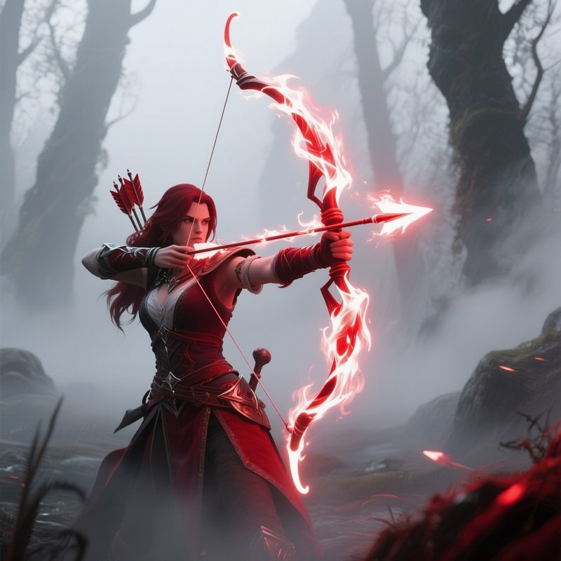 Archer Violet Arc Shooting Flaming Arrows Through Fog