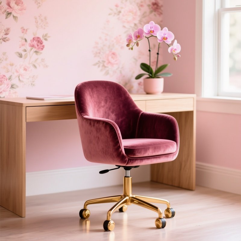 Armless Chair Stylish Velvet Gold Wheels Feminine Home Office